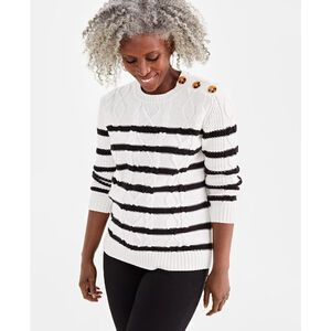 Style & Co. Size Large Striped Beige Cable Knit Button Shoulder Sweater NWT
